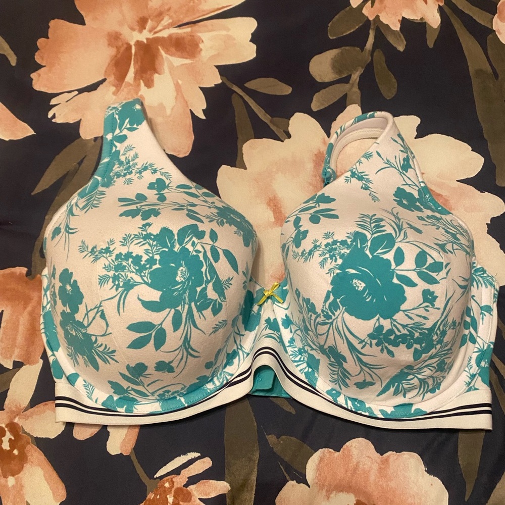 Cacique Cream Bra with Teal Floral Print